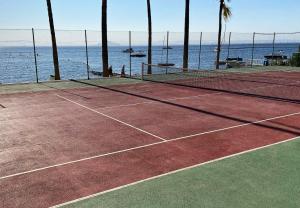 einen Tennisplatz am Meer mit Palmen in der Unterkunft Apartament na plaży w La Manga in La Manga del Mar Menor