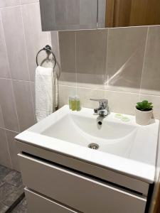 a bathroom with a white sink and a mirror at Siebenbürger Haus in Sibiu