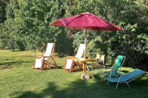 a table and chairs under an umbrella in the grass at Cabaña Liebe Inge in San Carlos de Bariloche