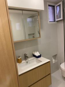 La salle de bains est pourvue d'un lavabo, d'un miroir et de toilettes. dans l'établissement Cap d ail Appartement aux portes de Monaco, à Saint-Antoine