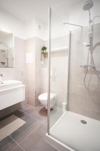 a bathroom with a shower and a toilet and a sink at Apartmány 316 a 317 Vila Zuberec in Zuberec