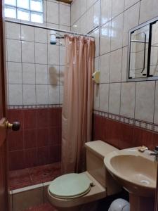 a bathroom with a toilet and a sink and a shower at Alojamiento Familiar Villa Palmeras in Tarapoto