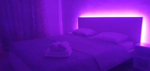 Habitación púrpura con 2 camas con almohadas en Apartments Stari Pavle, en Brela