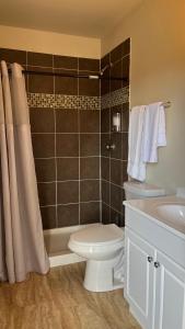 a bathroom with a white toilet and a sink at Denali Rainbow Village RV Park and Motel in McKinley Park