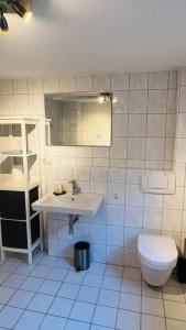 a white bathroom with a toilet and a sink at Mitten in den Weinbergen in Sommerhausen