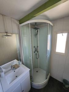 y baño con ducha y lavamanos. en Chalet, en Petreto-Bicchisano
