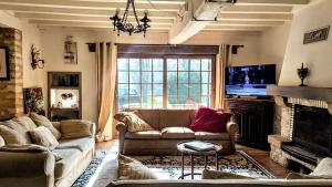 a living room with a couch and a fireplace at La Maison bleue in Varzy