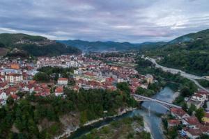 an aerial view of a town with a river at Apartman Selma - Bijelo Polje in Bijelo Polje