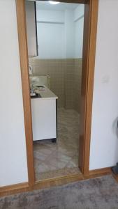 a bathroom with a shower and a sink and a mirror at Apartman Selma - Bijelo Polje in Bijelo Polje