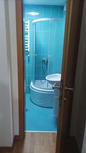 Apartman Selma - Bijelo Polje في بييلو بوليي: حمام مع دش وحوض استحمام ومغسلة