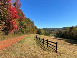 a fence on the side of a dirt road at Growing Faith Farms in Moravian Falls