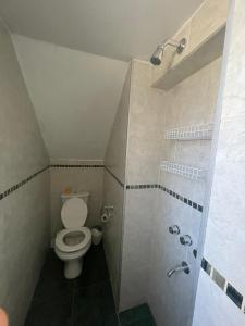 y baño pequeño con aseo y ducha. en Monoambiente El Sosiego en Alta Gracia