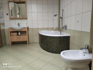 a bathroom with a tub and a sink and a toilet at Apartament Panorama in Jeżów Sudecki