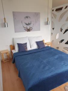a bedroom with a blue bed with a blue comforter at Apartament Panorama in Jeżów Sudecki