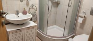 y baño con ducha y lavamanos. en Apartman Campo, en Šibenik
