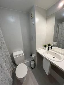 a white bathroom with a toilet and a sink at Departamento Barrio Lastarria in Santiago