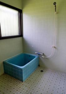 a blue tub in a bathroom with a window at Asama Vista quiet home with view, Foreign Hosts in Miyota