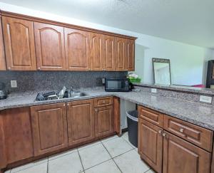 uma cozinha com armários de madeira e um lavatório em MiLuSol em Miami