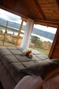 uma cama num quarto com uma grande janela em Camping & Cabaña San Francisco - Guatavita em Guatavita