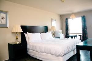 Boularderie East的住宿－Travels Inn Victoria County，卧室配有一张大白色床和窗户