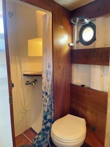 a small bathroom with a toilet and a shower at Veliero in Legno in Bisceglie