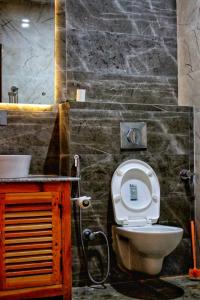 a bathroom with a toilet and a sink at Hotel Zion in Leh