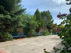 dwie niebieskie ławki w ogrodzie z drzewami w obiekcie гостевой дом "Бумеранг KG" w mieście Czołponata