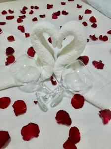 una mesa con rosas rojas, copas de vino y corazones en Bela Casa Hostel, en Ji-Paraná