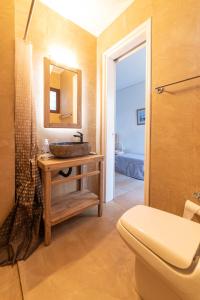 W łazience znajduje się umywalka, toaleta i lustro. w obiekcie Alkis Guest House by AegianKazarte w mieście Kapótidhes