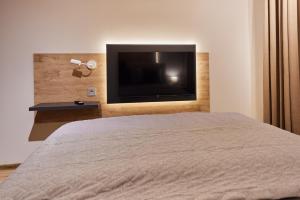a bedroom with a bed with a flat screen tv on the wall at River Breeze House in Sremska Kamenica