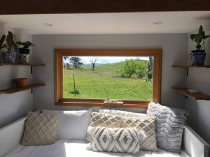 a window in a room with a couch and a view at 'Bertie' Tiny House on a Lake in a Vineyard in Hall