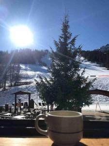 a coffee cup sitting on a table next to a tree at Studio front de neige - pieds des pistes in Enchastrayes