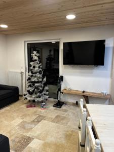- un arbre de Noël dans un salon avec une télévision dans l'établissement Gîte BB OURS, à Villard-de-Lans