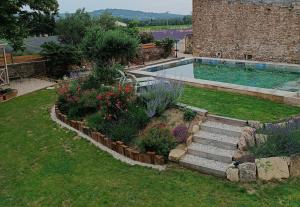 un jardin avec une piscine et quelques fleurs dans l'établissement Mas de l'Amme, à Valréas