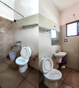 two images of a bathroom with a toilet and a sink at Ganapathy Garden Homestay in Kodaikānāl +14 photos