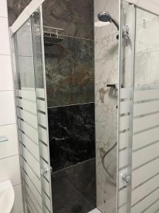 a shower with a glass door in a bathroom at Übernachtung by Tag in Kassel