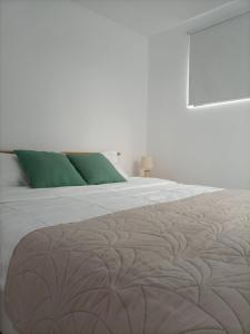 1 dormitorio con 1 cama grande con almohadas verdes en Tiny Village Mamaia Nord - House 4, en Mamaia Nord – Năvodari