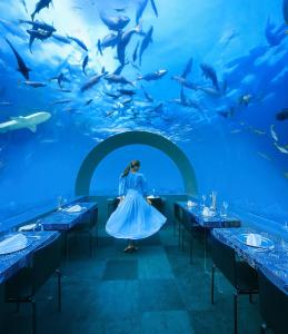 a woman in a blue dress standing in front of an aquarium at You & Me Maldives in Raa Atoll
