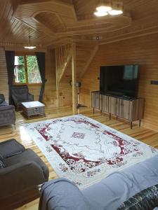 uma sala de estar com televisão e um tapete grande em Gürgen House em Cayeli