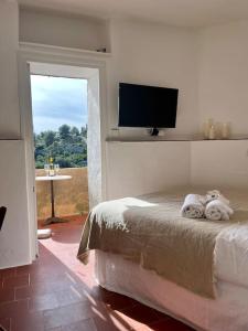 una camera con letto e TV a schermo piatto di Cosy and Comfy Studio with Sea View a Tourrettes-sur-Loup