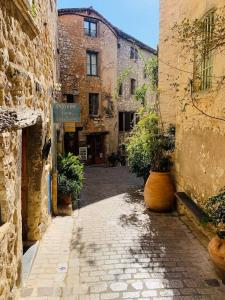 um beco num edifício antigo com um vaso grande em Cosy and Comfy Studio with Sea View em Tourrettes-sur-Loup