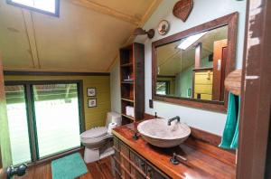 a bathroom with a sink and a toilet and a mirror at Hamakua Sanctuary in Honokaa +53 photos