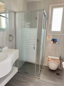 a bathroom with a glass shower and a toilet at COSMOS Studios Iraklia in Áyios Yeóryios