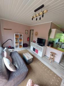 LE PETIT CHALET - Bungalow في Waulsort: غرفة معيشة مع أريكة ومطبخ