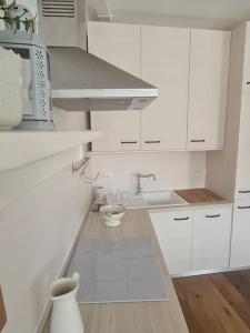 a white kitchen with a sink and a microwave at Elegant bourgeois apartment in Kamnik