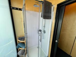 a shower with a glass door in a bathroom at Waitomo Retreat in Hangatiki