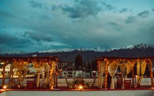 a view of a city with snow covered mountains at Hotel Lingzi in Leh