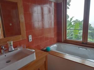 a bathroom with a tub and a sink and a window at Private Villa - Ocean, hills, valley view in Temukus
