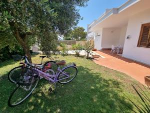 a purple bike parked on the grass in a yard at Villa Temistocle in Torre Santa Sabina