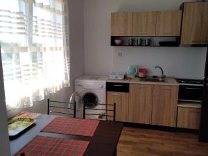 a kitchen with a stove and a sink and a table at Апартаменты за гости Гаван in Byala +48 photos
